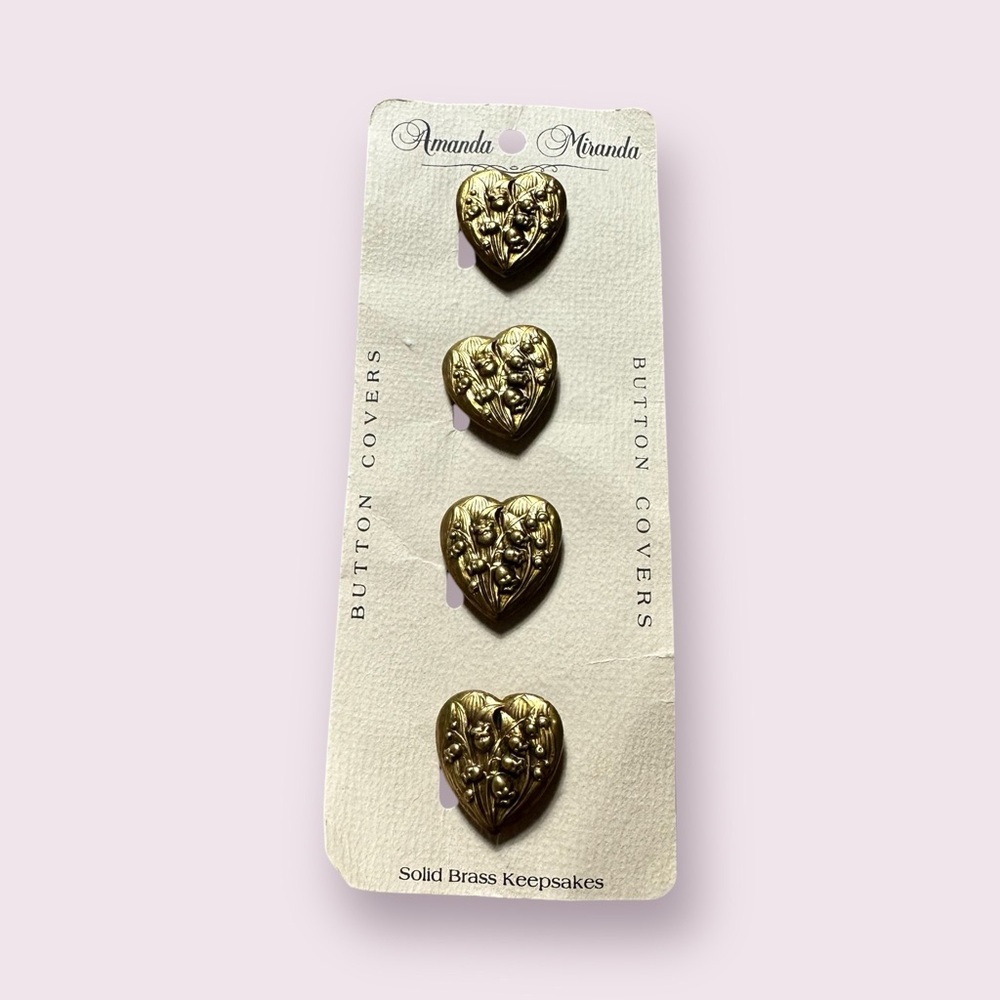 Vintage Amanda Miranda Solid Brass Keepsakes Brass Heart Button Covers S/4